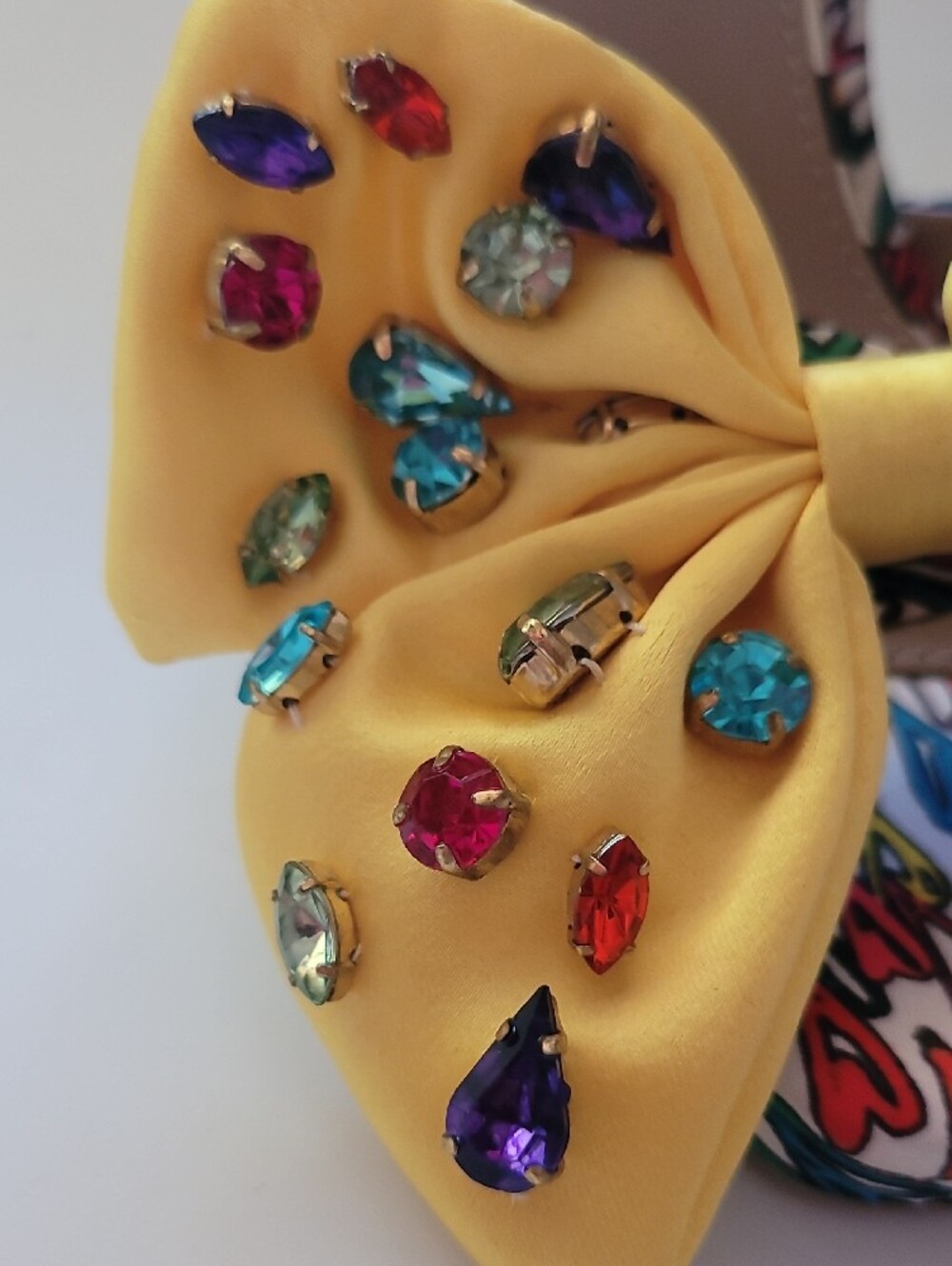 Betsey Johnson Yellow Bow Jeweled Ankle-Strap Peep-Toe RAINBOW  Heels - Picture 8 of 9